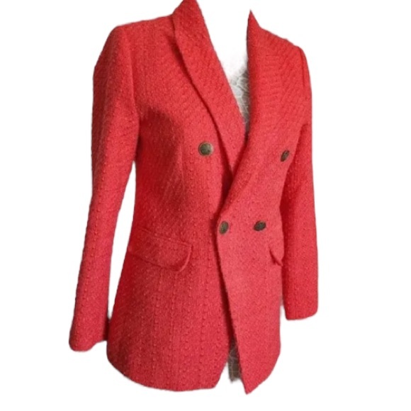 LOFT sz 4 Tweed Rapture Red Coral Double Breasted Blazer Jacket Business Holiday - Picture 2 of 16